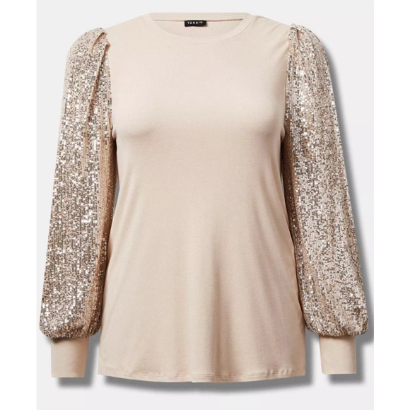 NWOT Torrid Top 10 Rib Crew Neck Sequin Long Sleeve Top Champagne Gold - Picture 2 of 10